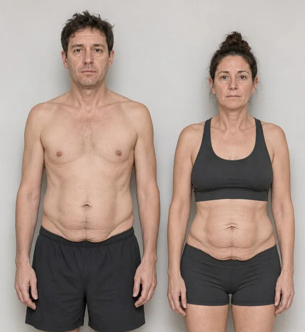 A couple who lost 30 lb but lost muscle along with it — soft, skinny-fat bodies.